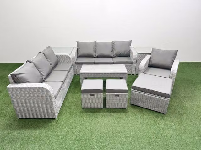 Fimous 10 Seater Poly Rattan Outdoor Garden Furniture Set in Grey with Oblong Coffee Table, Two 3 Seater Sofas, One Reclining Chair, Three Stools and Two Side Tables