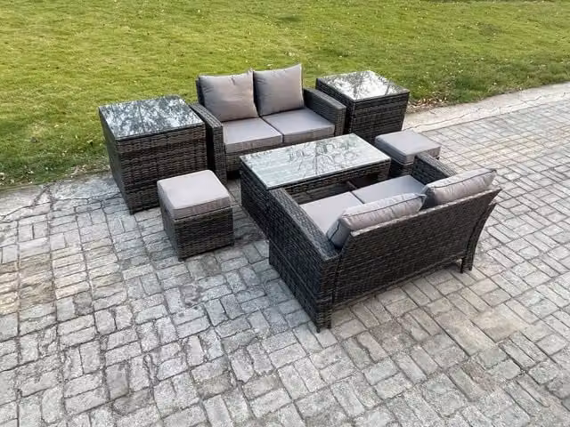 Fimous High Back Rattan Garden Furniture Sofa Set with Rectangular Coffee Table, 2 Side Tables and 2 Footstools in Dark Grey Mixed