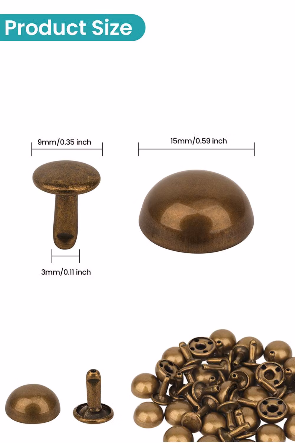 Neel Blue 15mm Dome Shaped Bag Feet Rivets with 9mm Round Studs, 50pcs in Bronze and Blue – 2