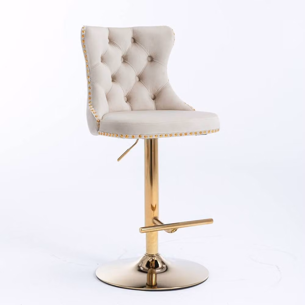 Modern Home Touch Set of 2 Luxury Velvet Adjustable Swivel Bar Stools in Beige with Gold Metal Base – 2