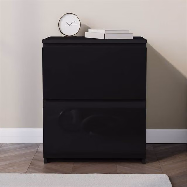 Kelvenix Glossy 2 Drawer Bedside Chest Storage Cabinet in Black, Width: 100 cm