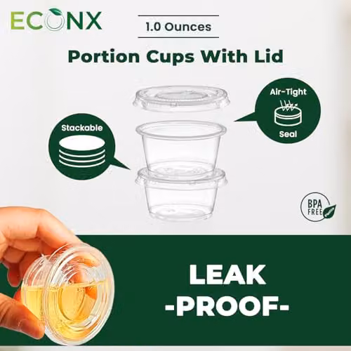 ECONX 100 Pack Reusable Plastic Portion Pots with Airtight Lids, 2oz Transparent Leakproof Sauce and Dip Containers – 2