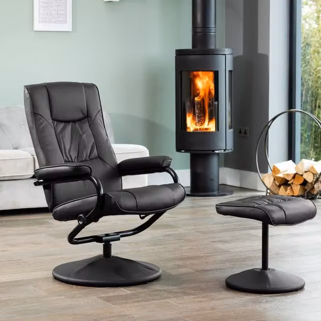 Artemis Home Gibson Swivel Recliner and Footstool in Black Synthetic Leather