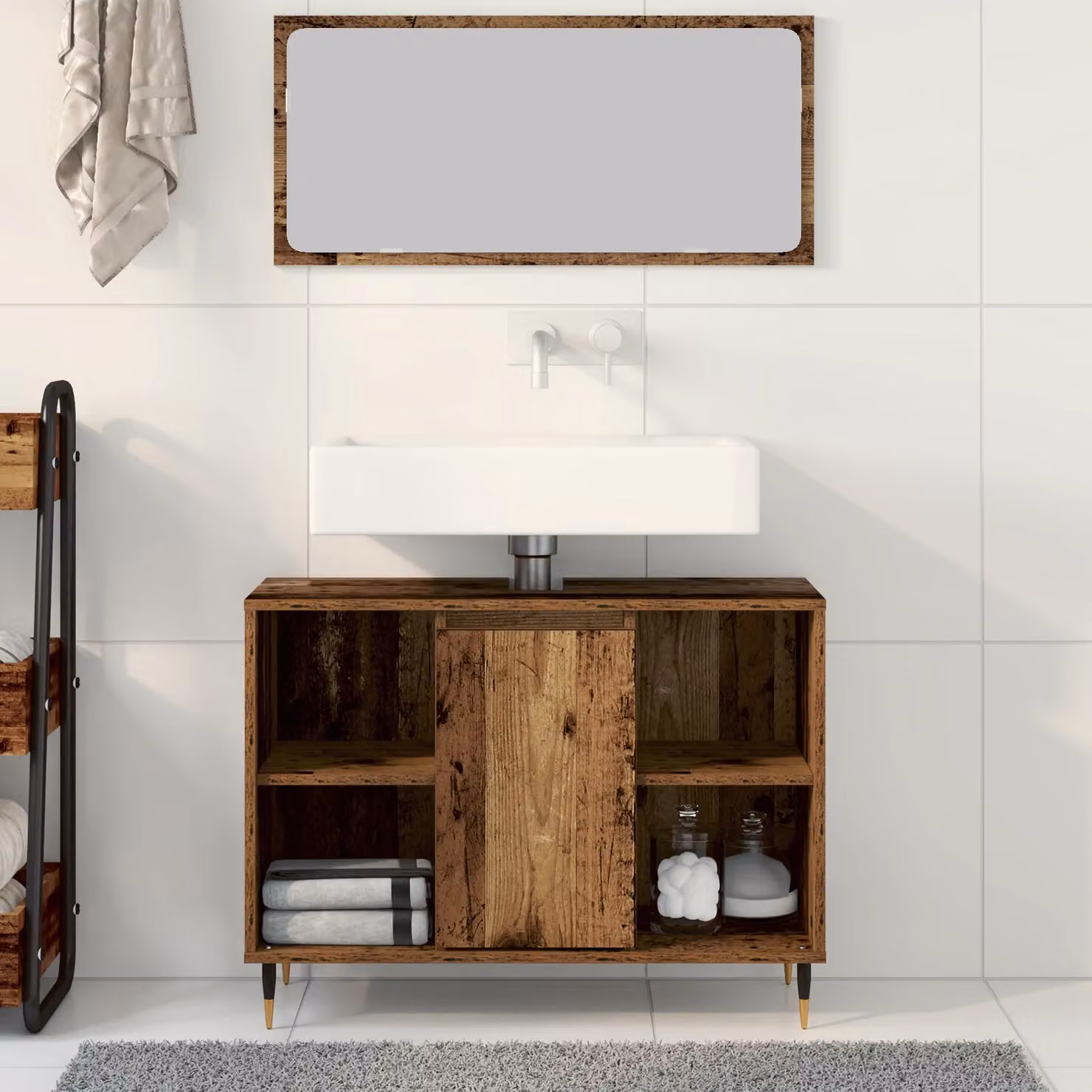 Berkfield Home Rustic Solid Wood Bathroom Vanity with Sliding Doors and Internal Shelves in Brown – 3