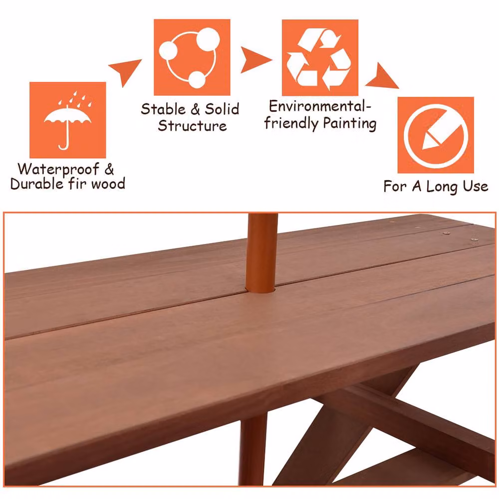 Gymax Brown Treated Hardwood Outdoor Picnic Table with Removable Umbrella for Garden and Children – 4