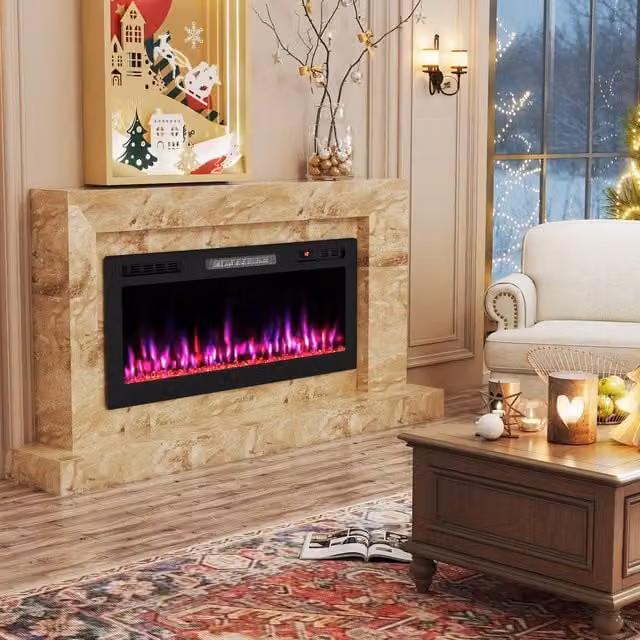 Costway Black Recessed Electric Fireplace Heater with App Control and WiFi, 1500W, W: 101.6 cm, H: 101.6 cm