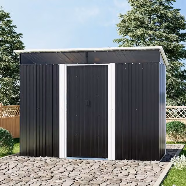 Livingandhome Black Metal Pent Garden Shed with Acrylic Skylight Panels and Sliding Window, W/D/H: 260 x 132 x 202 cm