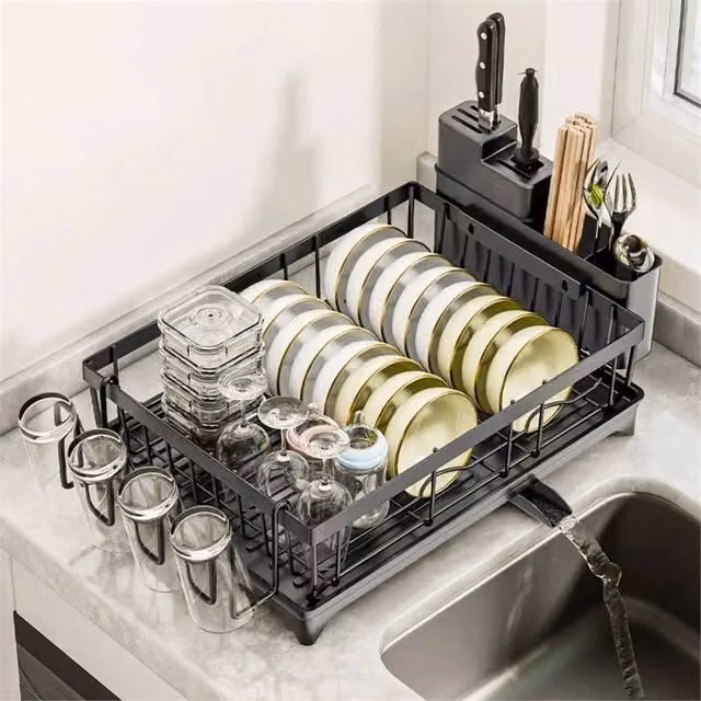 Nordara Kitchen Dish Drainer Rack with Cutlery and Cup Holder in Black, W/D/H: 42.0 x 30.0 x 13.0 cm