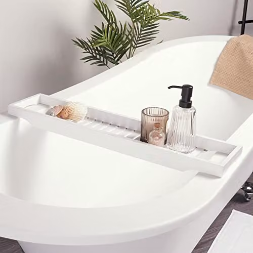OHS Bamboo Bath Tray Caddy in White – 1
