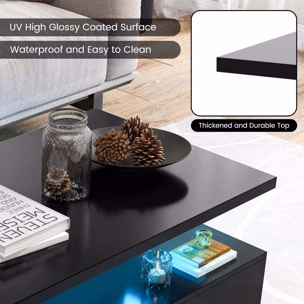 Costway Modern 2-Tier Rectangular Coffee Table with Adjustable LED Light in Black – 6