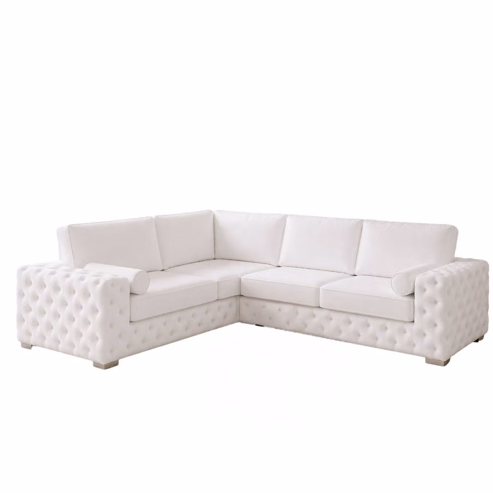 Stratus Interiors Ashley Chesterfield Full Back L-Shape Corner Sofa in White Plush Velvet Fabric – 2
