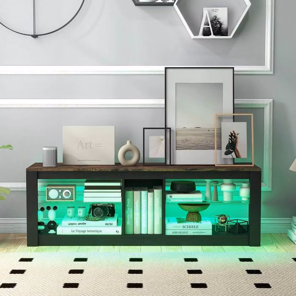 SPETLEK Modern Black TV Stand Entertainment Centre with LED Light and Glass Details W/D/H: 140.0 x 47.0 x 0.6 cm – 3