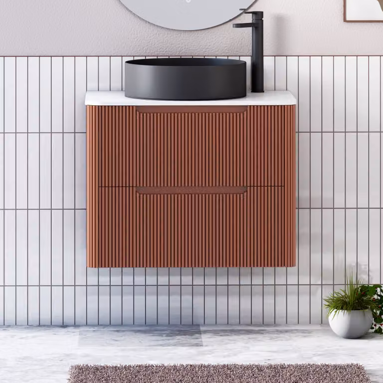 Royal Bathrooms Avenza Wall Hung Vanity Unit in Terracotta Clay with 2 Drawers, Plain White Worktop and Black Art Round Basin, Width: 80 cm