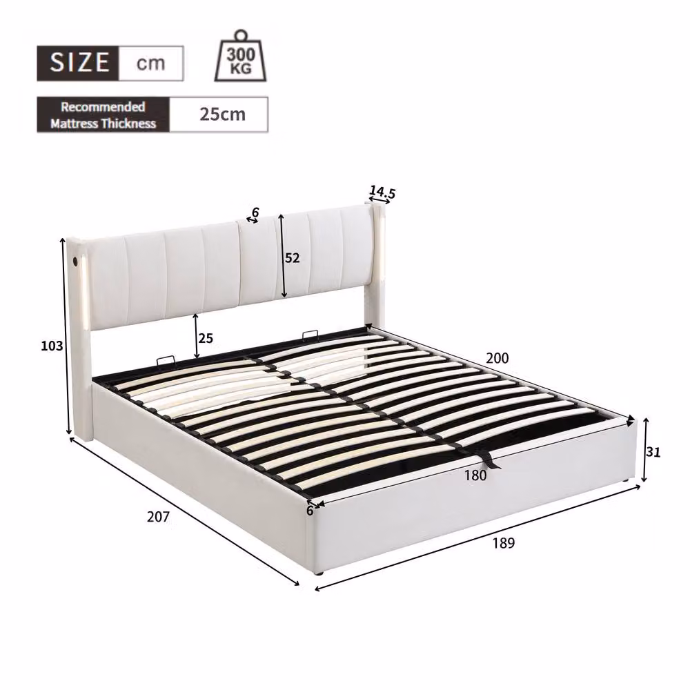 Merax Super King Upholstered Ottoman Bed Frame in White with LED and USB Port – 5