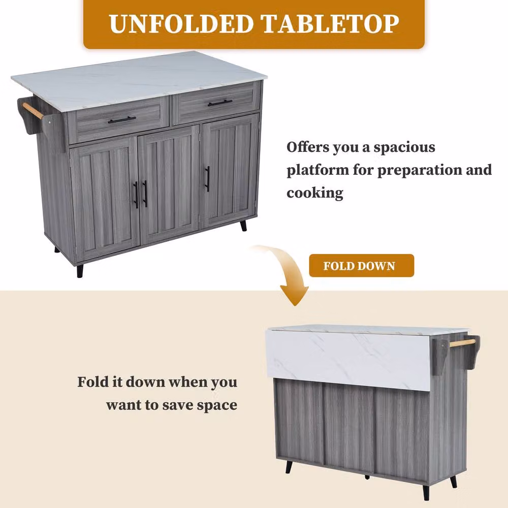Rolipo Grey Rolling Kitchen Island with Foldable Tabletop and Cabinets, Width: 129 cm – 2