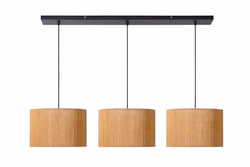 Lucide Magius Scandinavian Bamboo Bar Pendant Light, Brown, Dimmable and Height Adjustable, 3 x E27