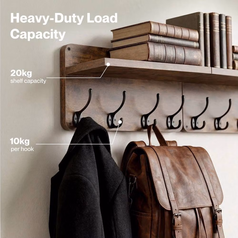 FORGEVIO Set of 2 Wall Mounted Heavy Duty Coat Racks with 8 Hooks in Brown Matt Wood – 3