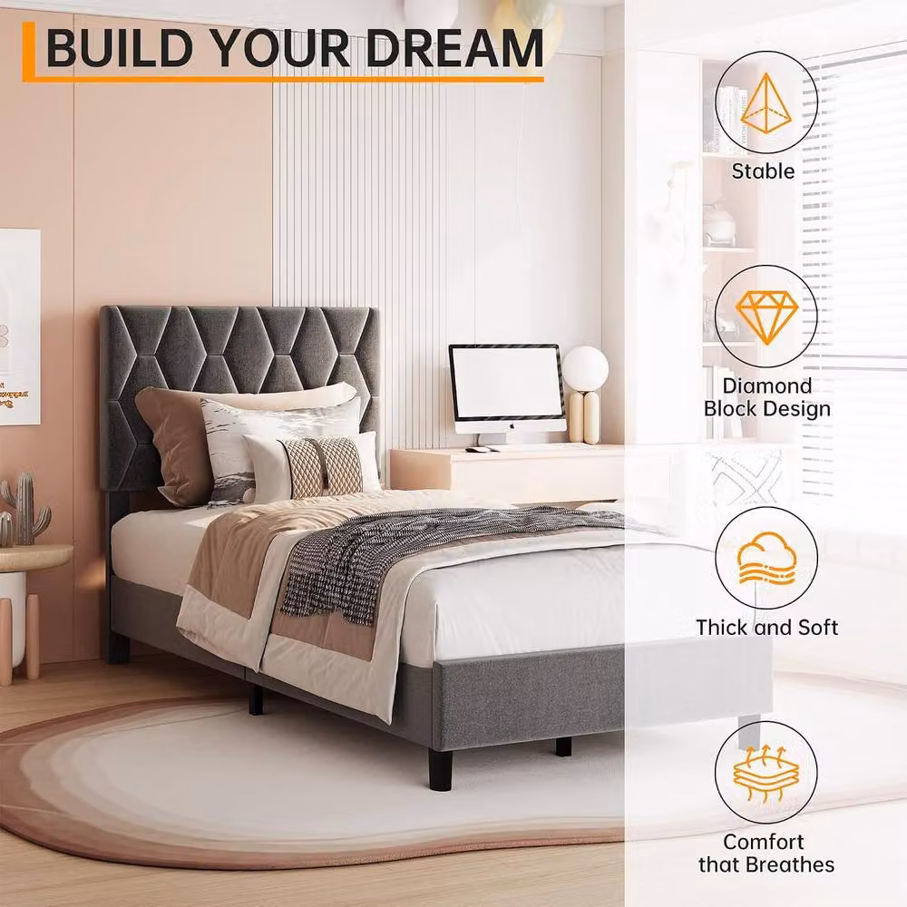 London Boutique Modern Single Platform Bed Frame with Upholstered Headboard in Grey – 2