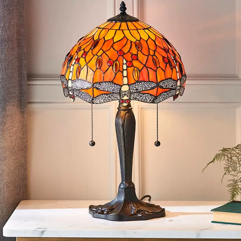 Loops Tiffany Glass Table Lamp with Dark Bronze Base and Orange Dragonfly Shade – 3