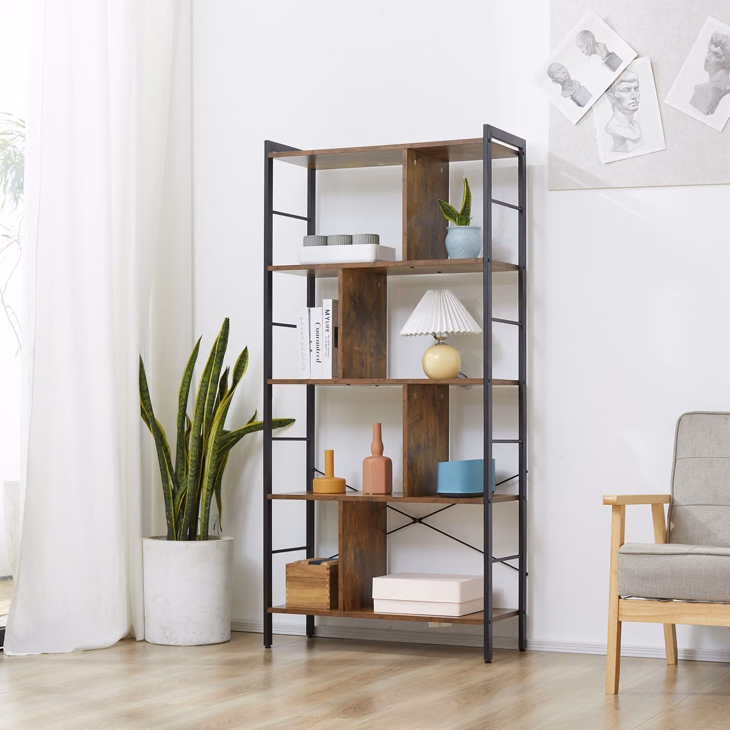 HOMCOM Industrial 5-Tier Storage Shelf and Bookcase with Metal Frame in Rustic Brown and Black – 2