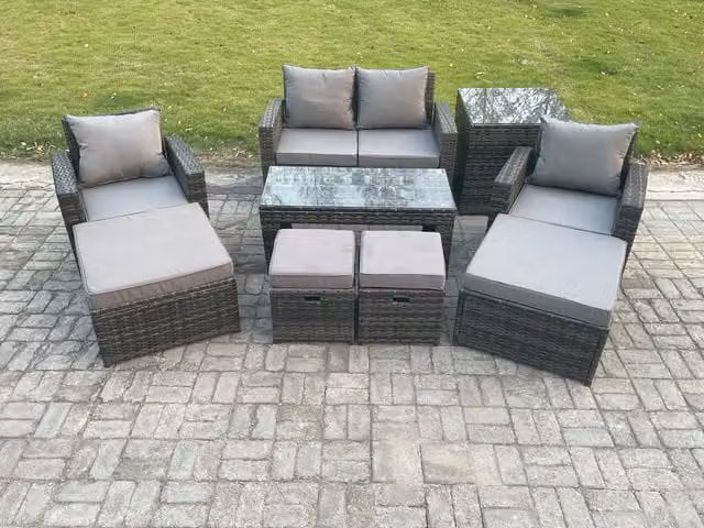Fimous High Back Rattan Garden Furniture Set in Dark Grey with Rectangular Coffee Table, Side Table, Armchair, 2 Large Footstools and 2 Small Footstools
