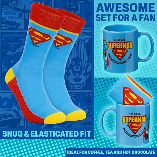 DC Comics Superman Mug and Calf Socks Set in Blue and Red, 315ml – 4