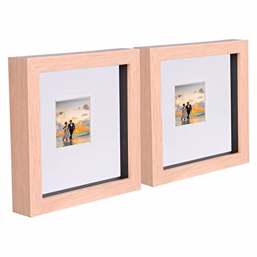 Nicola Spring 2-Pack Light Brown Wooden 3D Box Photo Frames with White 2 x 2 inch Mount, W/D/H: 15.24 x 15.24 x 8.89 cm