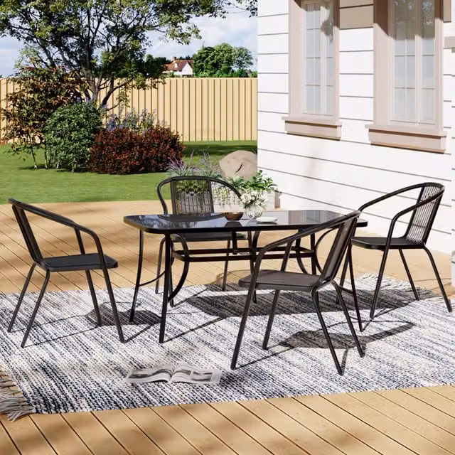 Livingandhome 4 Seater Bistro Set with Rectangular Glass Table and 4 Stacking Chairs in Black