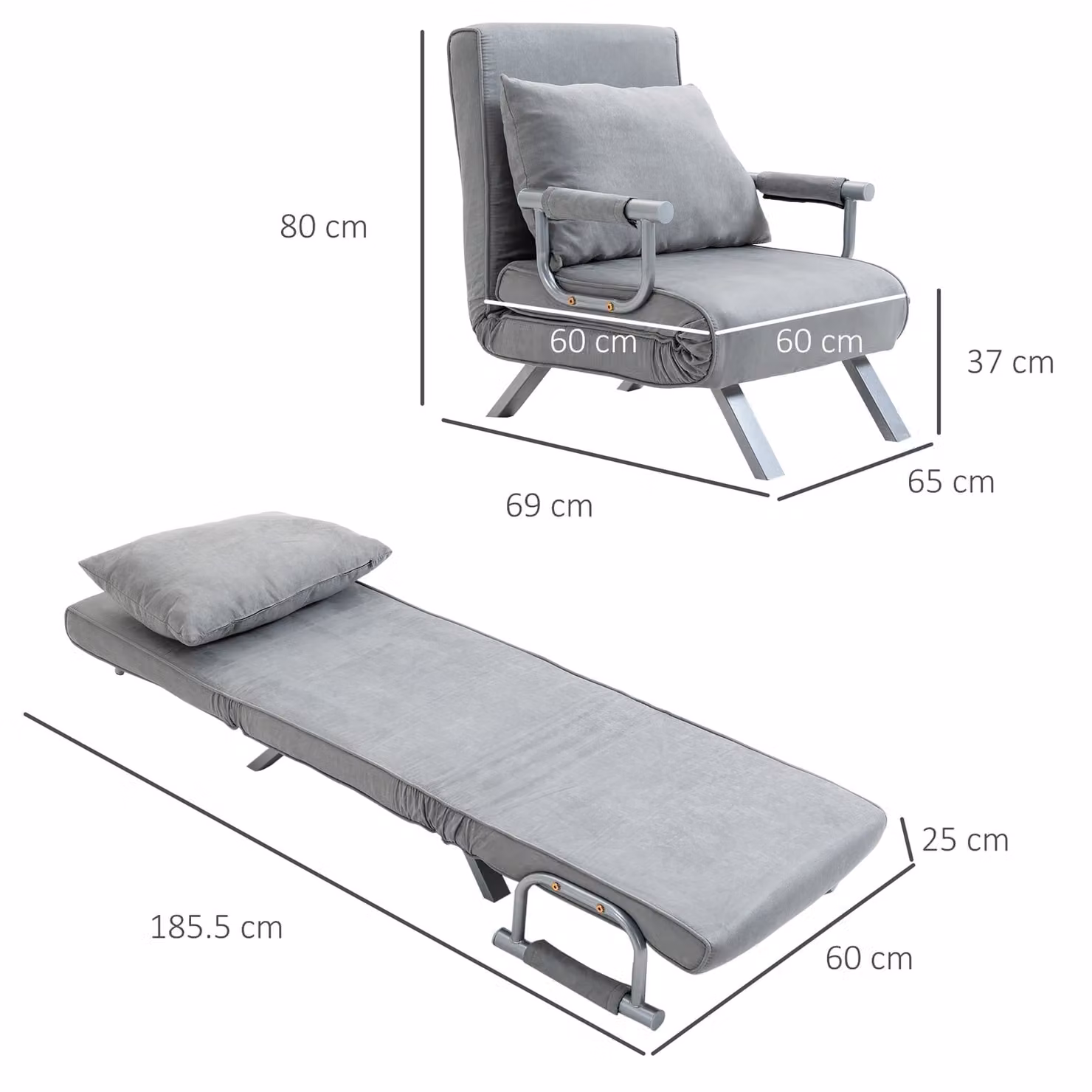 HOMCOM 2-in-1 Single Sofa Bed Sleeper, Foldable Microfibre Armchair Lounge Couch with Pillow in Light Grey – 3