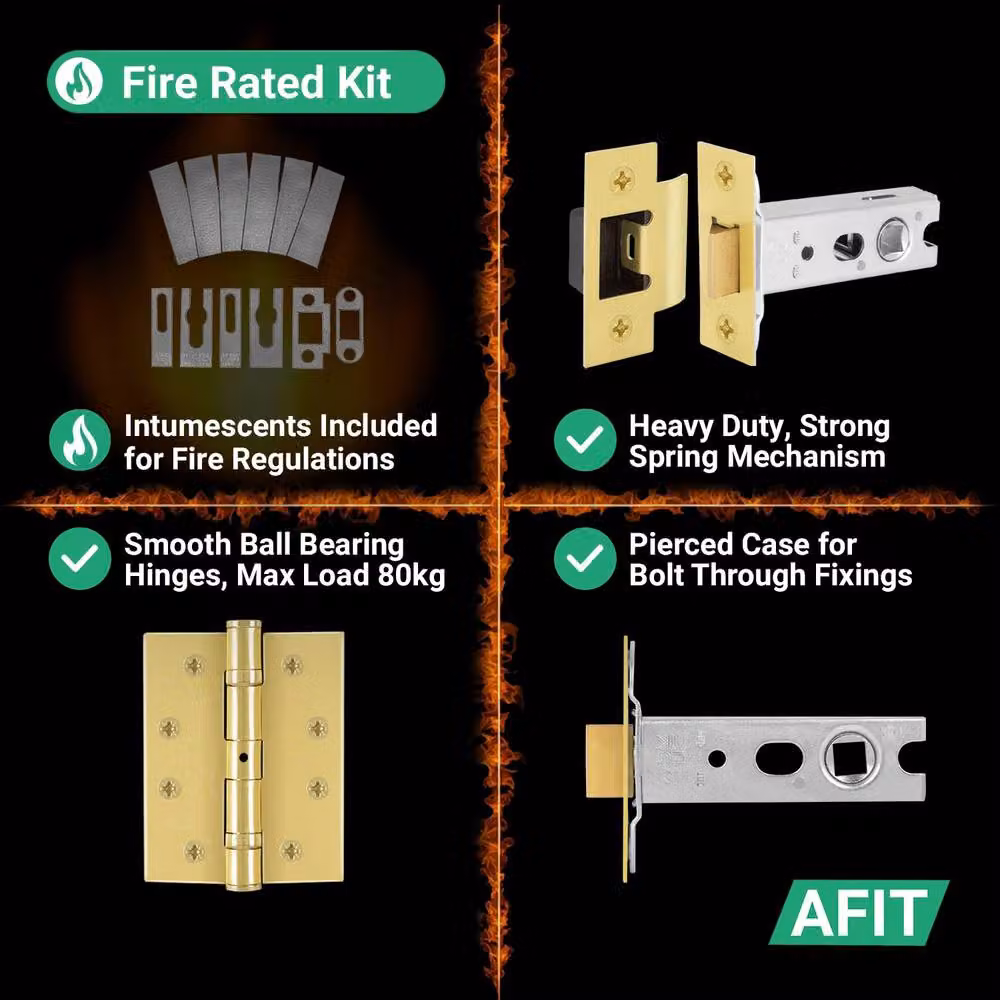 AFIT Boston Satin Brass Fire Door Handles with Round Rose Latch and Hinges, Gold, 1 Pair – 4