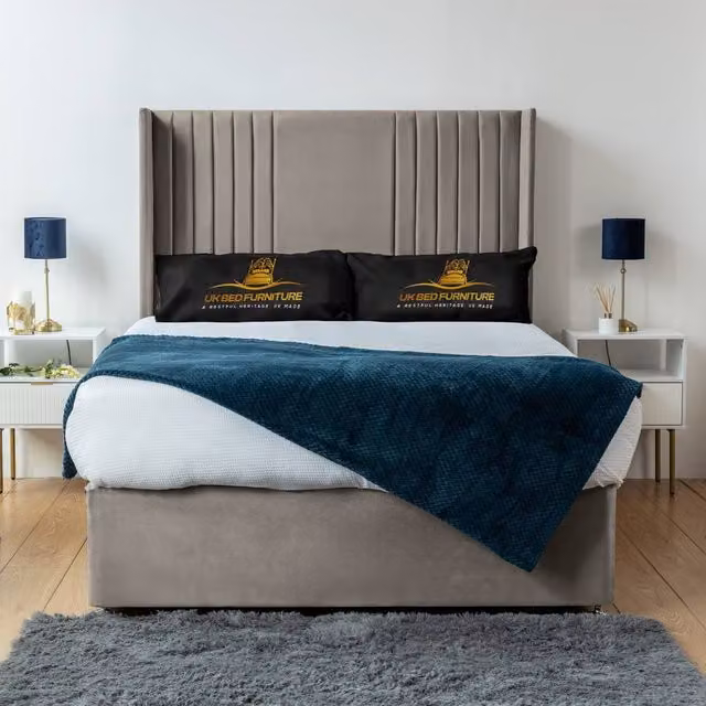 UK Bed Furniture Skyline Wingback Divan Bed Base with 54 Inch Headboard in Light Beige, King Size, W/D/H: 180 x 200 cm