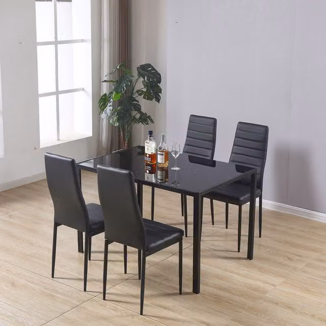 Westwood Modern Rectangular Glass Top Dining Table and 4 Black Faux Leather Chairs Set