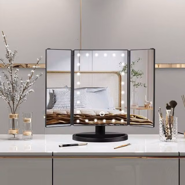 Komore Rechargeable Tri-Fold LED Makeup Mirror in Black
