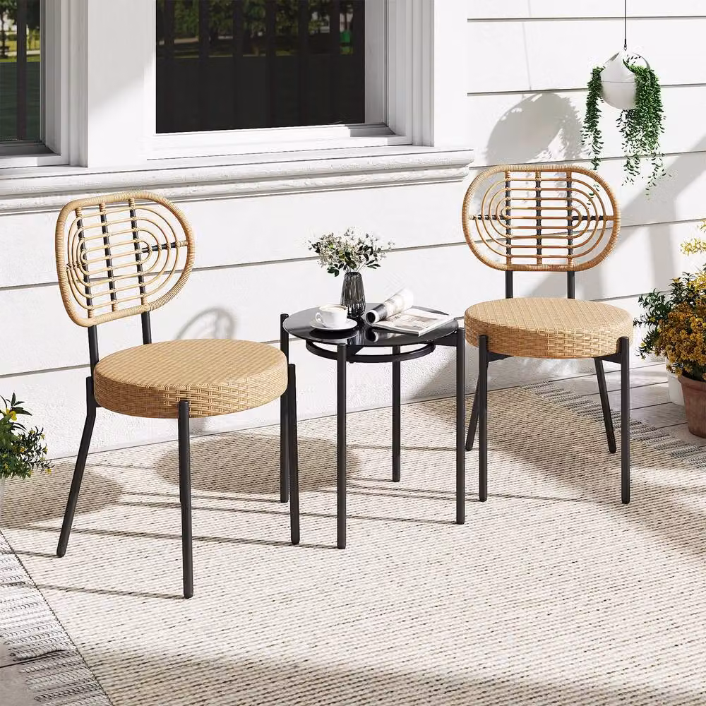 Gymax 3 Piece Brown Polyrattan Patio Bistro Set with Round Glass Table and Rattan Chairs – 4