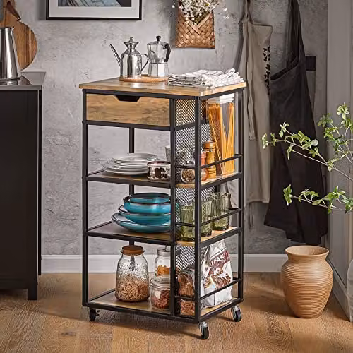 SoBuy Industrial Kitchen Trolley Cart with Drawer and 3 Shelves, Brown, W/D/H: 50 x 37 x 87 cm – 2