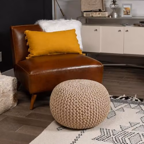 Snug City Handmade Chunky Knitted Round Pouffe Ottoman in Beige 100% Cotton W/D/H: 50 x 50 x 30 cm – 4
