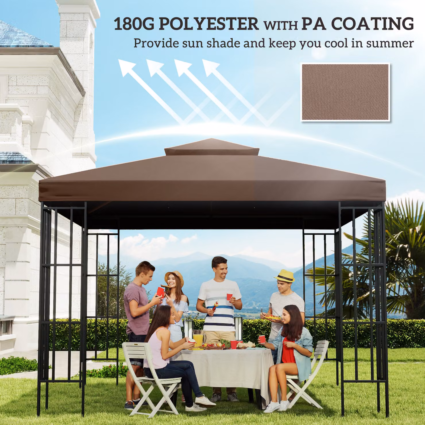 Outsunny Coffee Brown Polyester Gazebo Replacement Canopy Cover, 3 x 3 m – 6