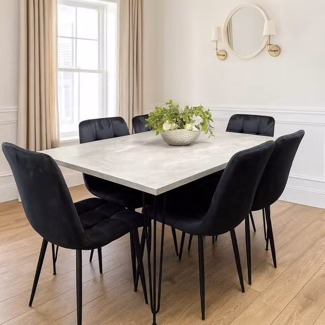 KOSY KOALA Modern Rectangular Dining Table Set with 6 Black Velvet Chairs, Brown Marble Effect Top, W/D/H: 180 x 77 x 75 cm