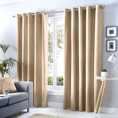 Fusion Natural Blackout Eyelet Curtains, 2 Panels, 100% Cotton, Thermal and Soundproof, Sand/Beige, W: 117 cm, H: 137 cm