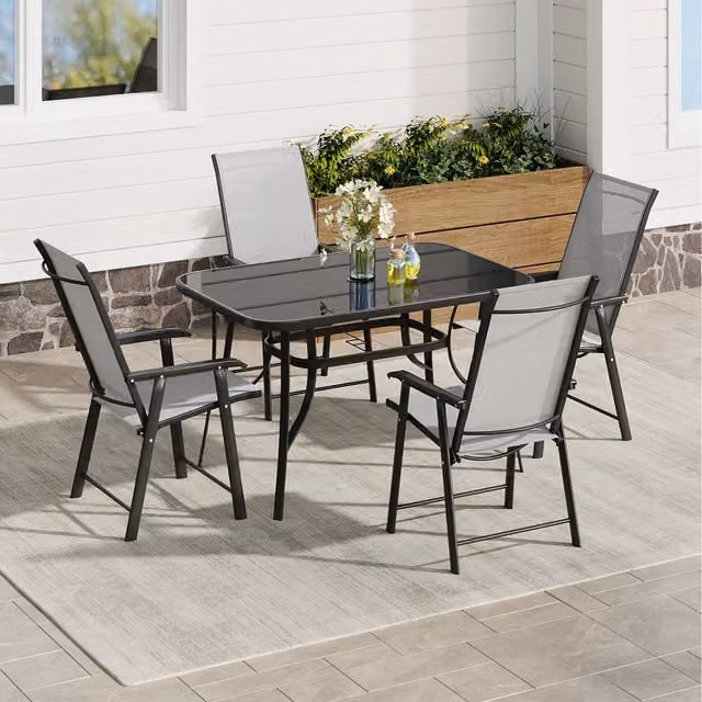 Komore Classic Black Outdoor Patio Set with Tempered Glass Table and Four Metal Foldable Chairs