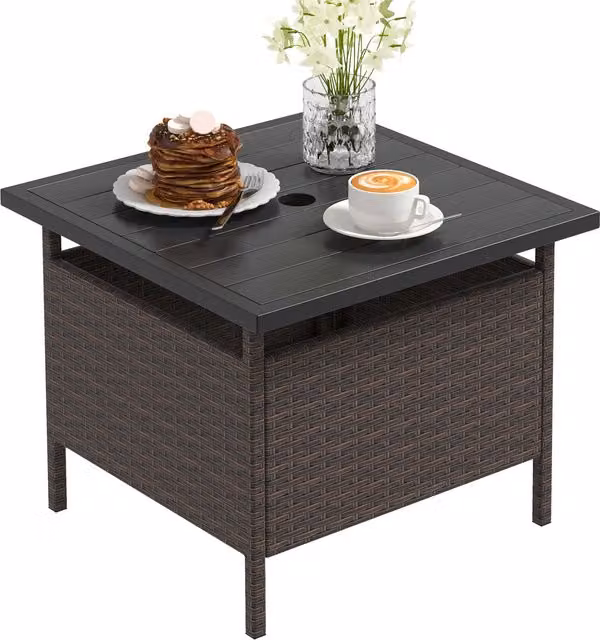 COSTWAY Brown Wicker and Metal Square Garden Side Table, W/D/H: 55 x 55 x 55 cm