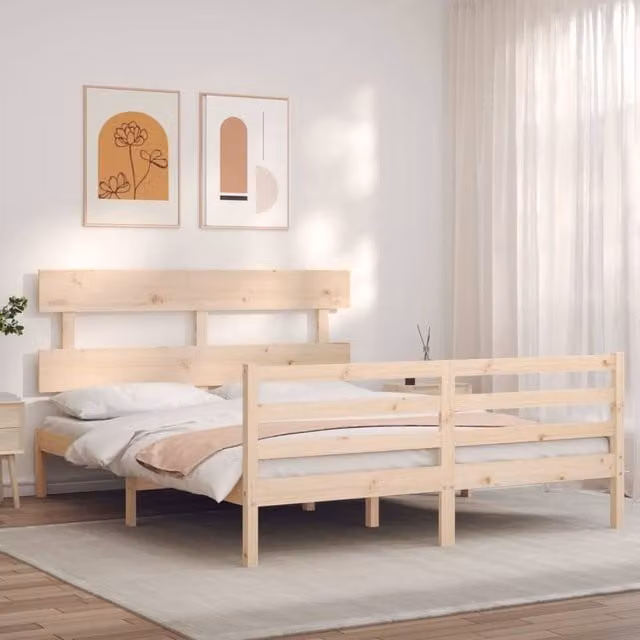 Berkfield Home Beautiful Solid Wood Bed Frame with Headboard, Beige, W/D/H: 150 x 200 x 81 cm – 1