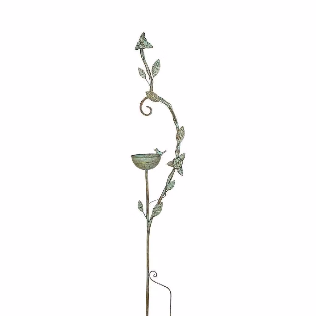 Inspirational Gifting Green Metal Bird Bath on Stake with Decorative Leaves, H 140 cm x W 28 cm x D 28 cm – 2