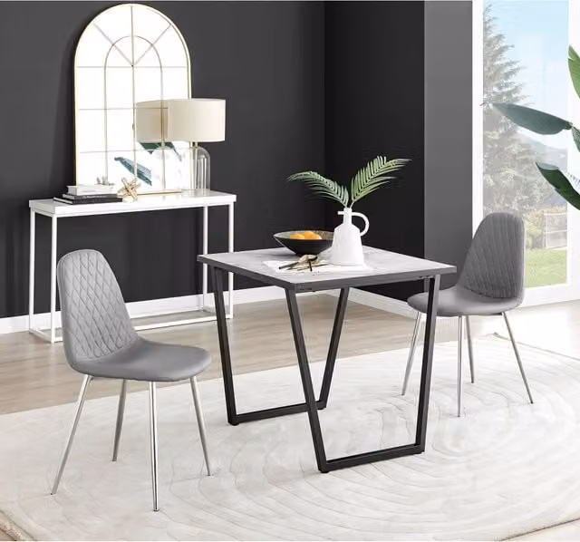 FurnitureboxUK Carson White Marble Effect Square Dining Table and 2 Corona Silver Faux Leather Chairs in Grey