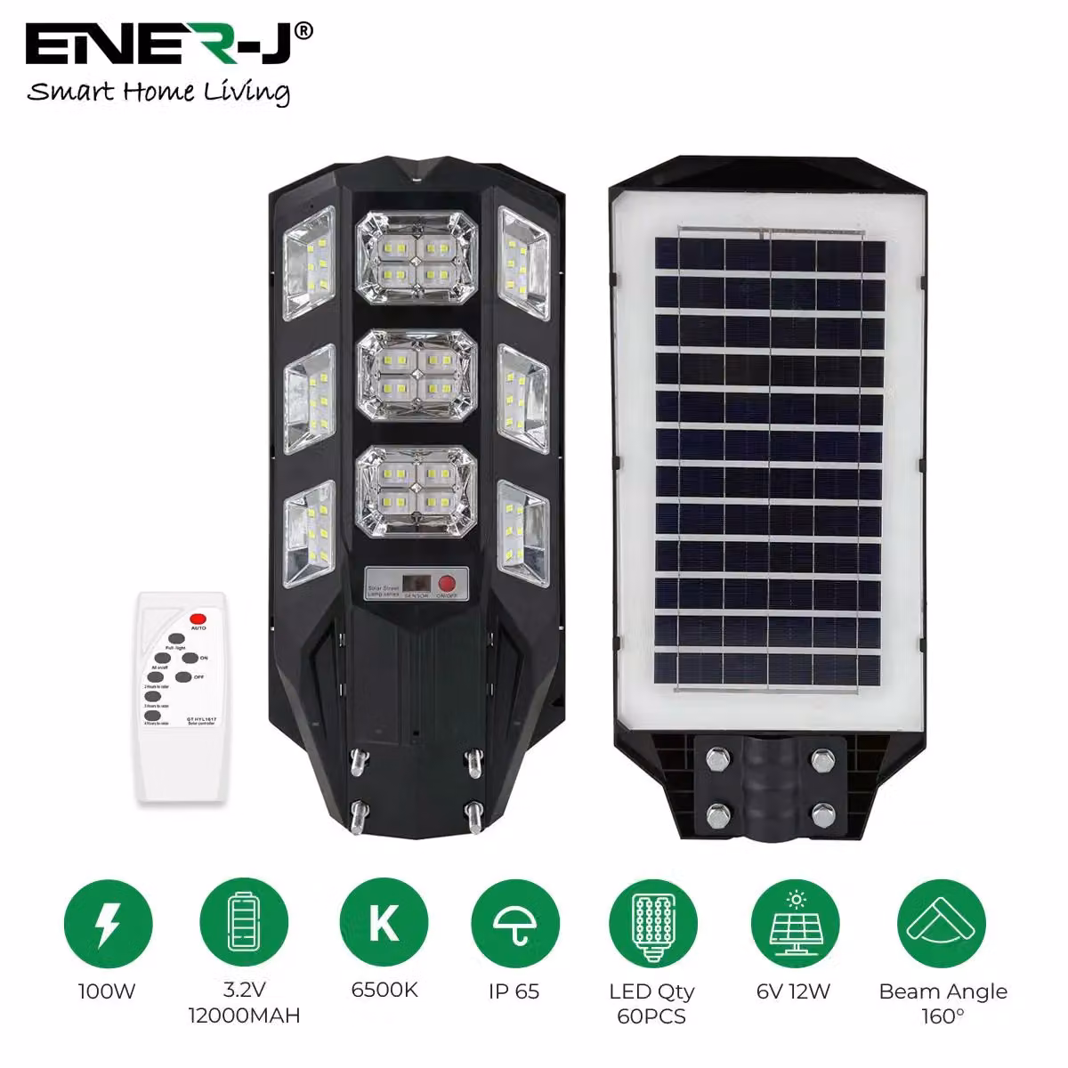 ENER-J 100W Solar Street Light in White with 6V 12W Solar Panel, 12000mAh Battery, 6500K Cool White LED and Remote Control – 2