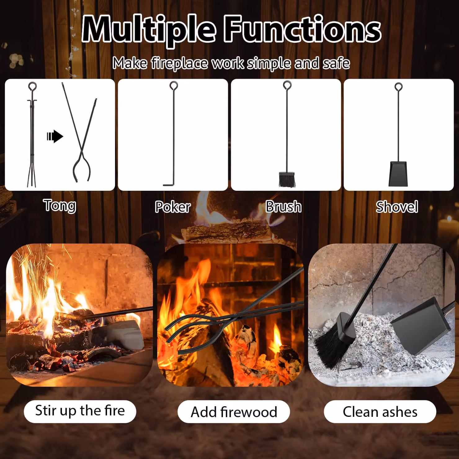Costway 5 Piece Modern Metal Fireplace Tools Set in Black, Height: 81 cm – 3