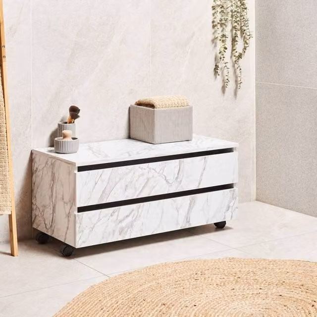 Wyld and Coco White Marble Bathroom Cabinet on Wheels with 2 Drawers, W80 x D30 x H38 cm – 1