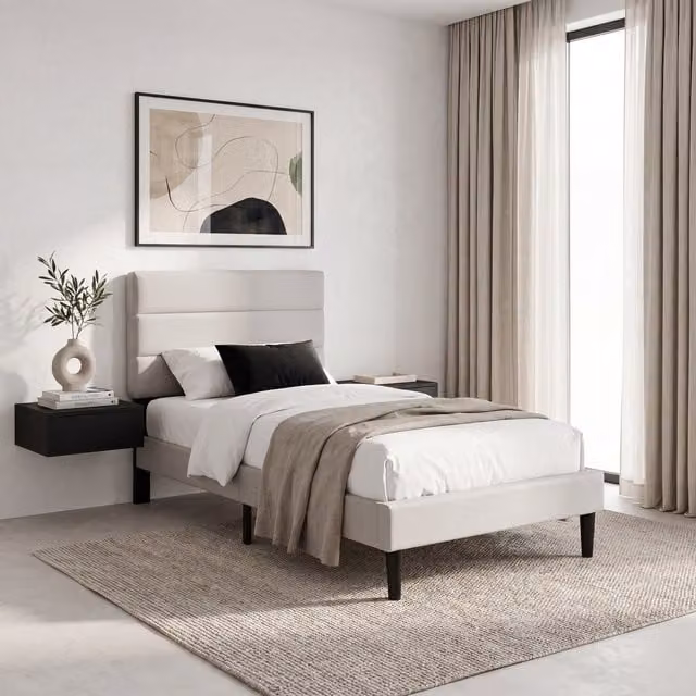 Vida Designs Modern Upholstered Single Bed in Beige, W/D/H: 195.5 x 143.5 x 106.0 cm