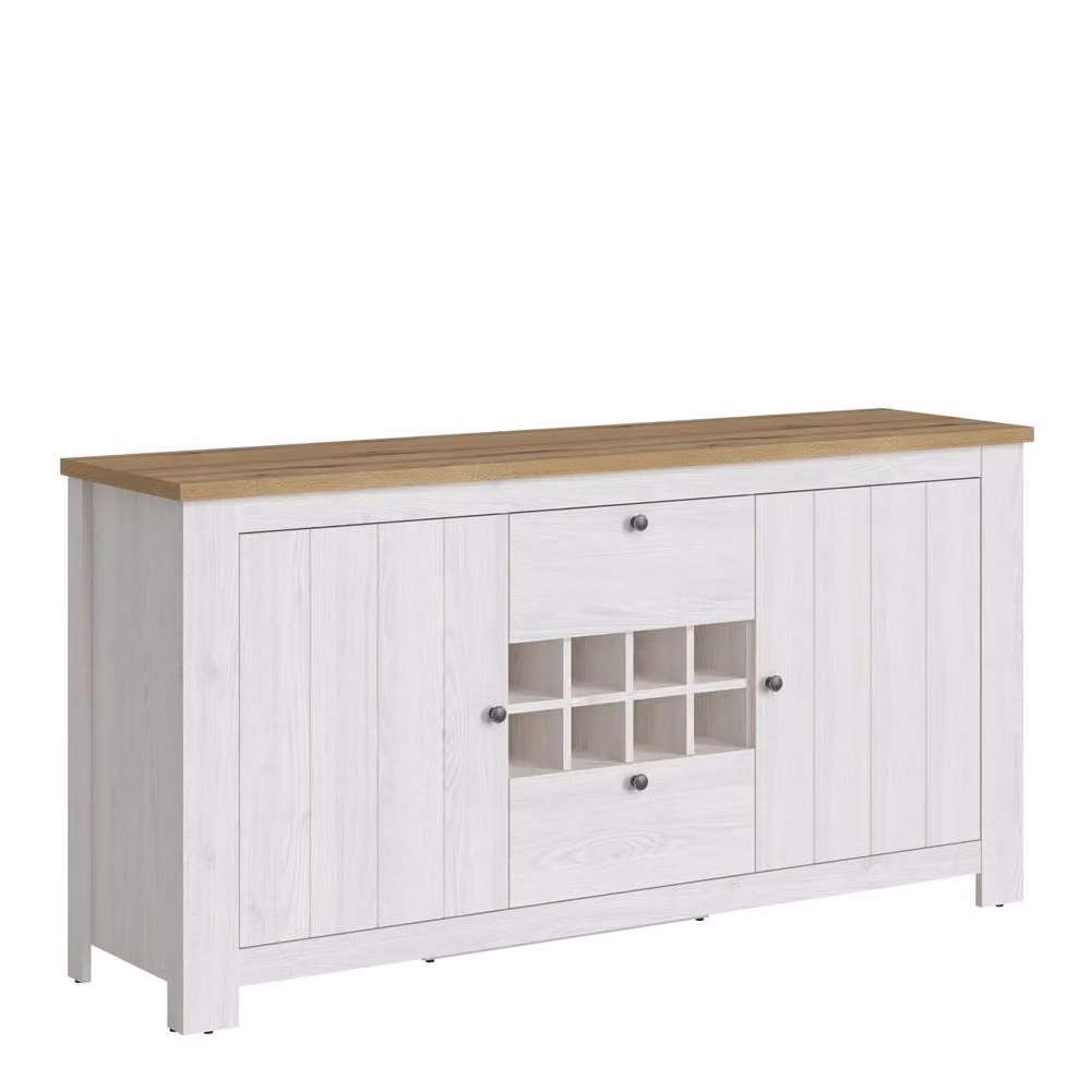 Wyld Haus Tipsyfern White and Natural Oak Sideboard with 2 Doors, 2 Drawers and Wine Rack – 2
