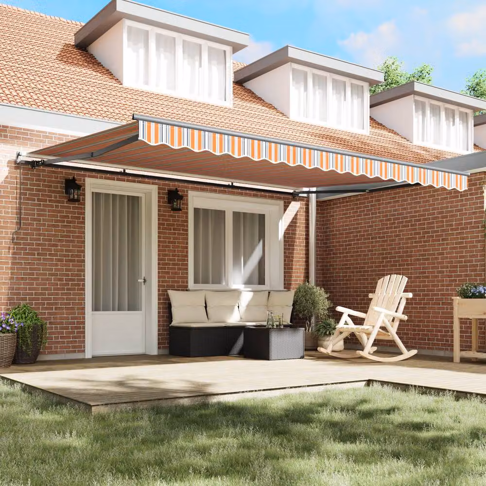 Berkfield Home Manual Retractable Wall-Mounted Folding Arm Awning in Orange Multicolour Stripe, W: 450 cm, D: 350 cm – 3